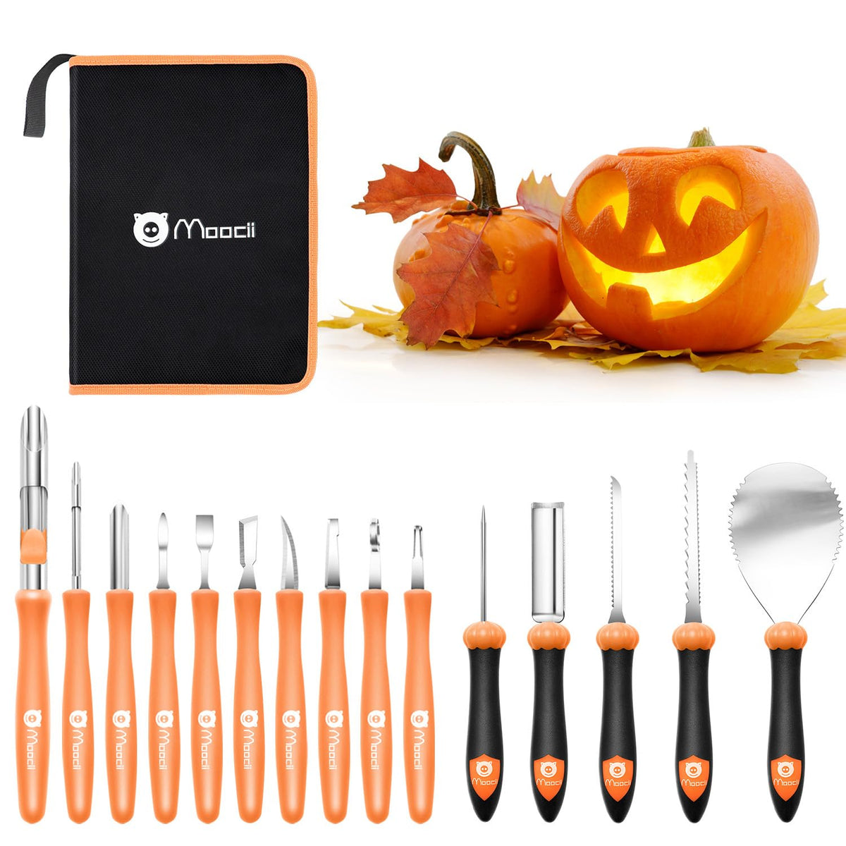 Moocii front packaging showing full 15-piece carving set benefit organized kit