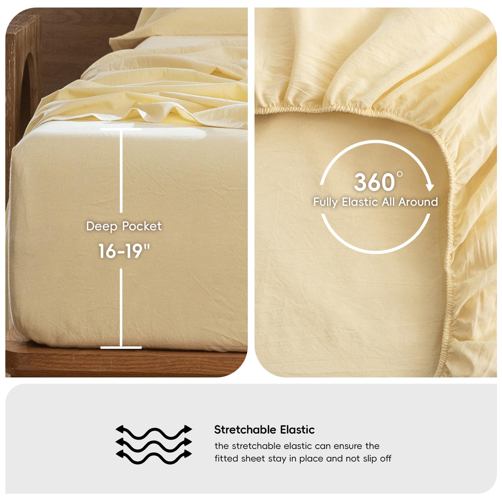 MooMee sheets styled on bed demonstrating warm butter-yellow ambiance