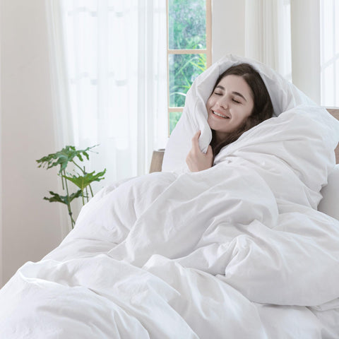 MooMee styled bedroom scene showing calming bright white bedding appeal