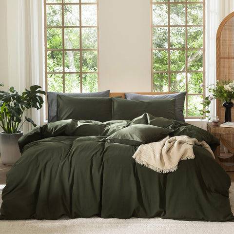 MooMee duvet cover front view in olive green showing cozy resort look