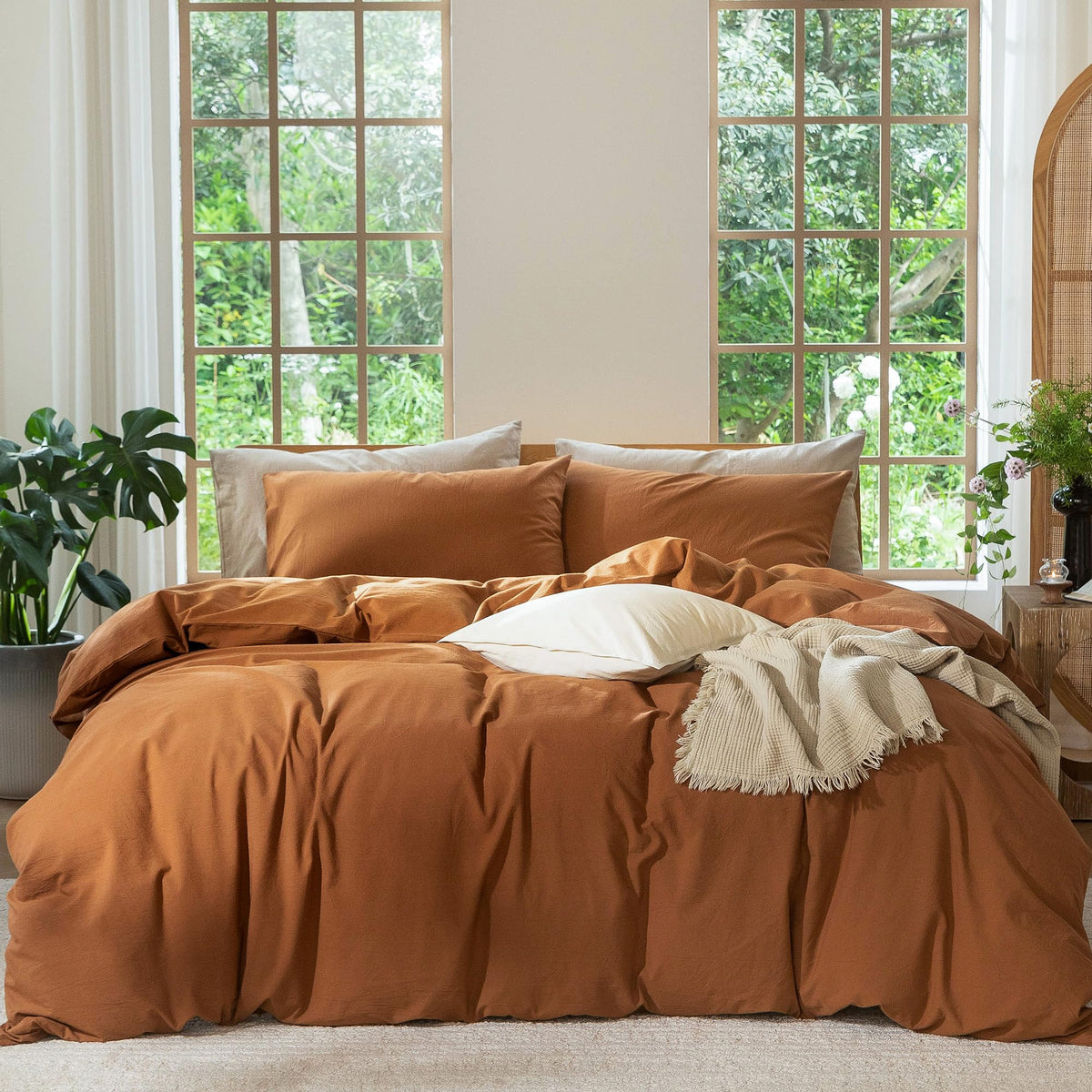 MooMee front-facing duvet cover set showing dark orange color and styling benefit