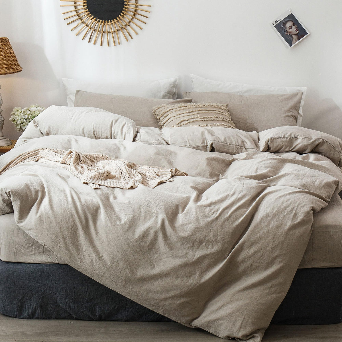 MooMee duvet cover front view showing neutral tannish grey and clean styling benefit