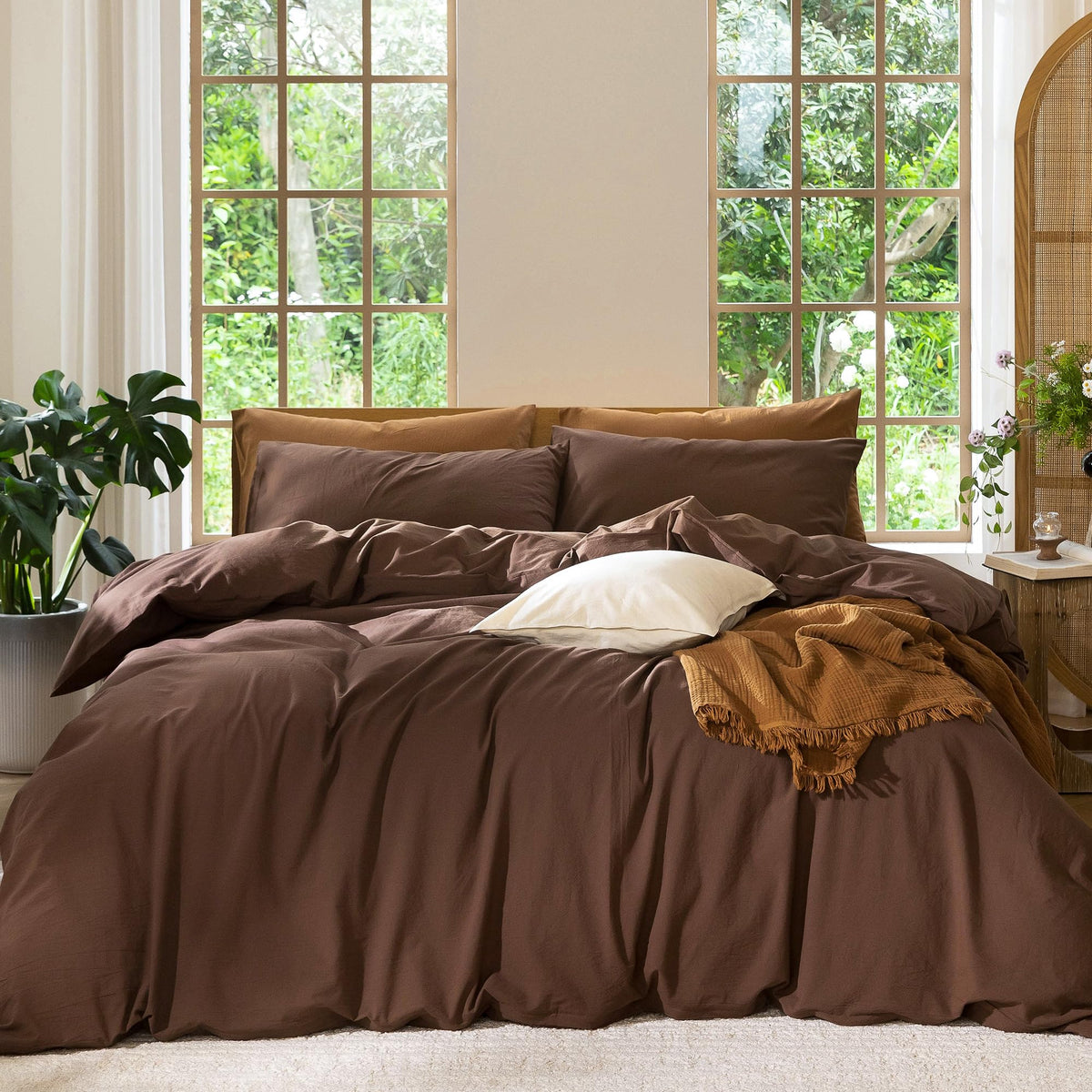 MooMee duvet front view showing cocoa brown color and neat styling benefit: inviting look