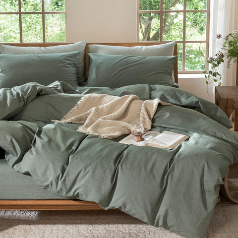 MooMee folded heathered green fabric highlighting linen-like look and easy layering