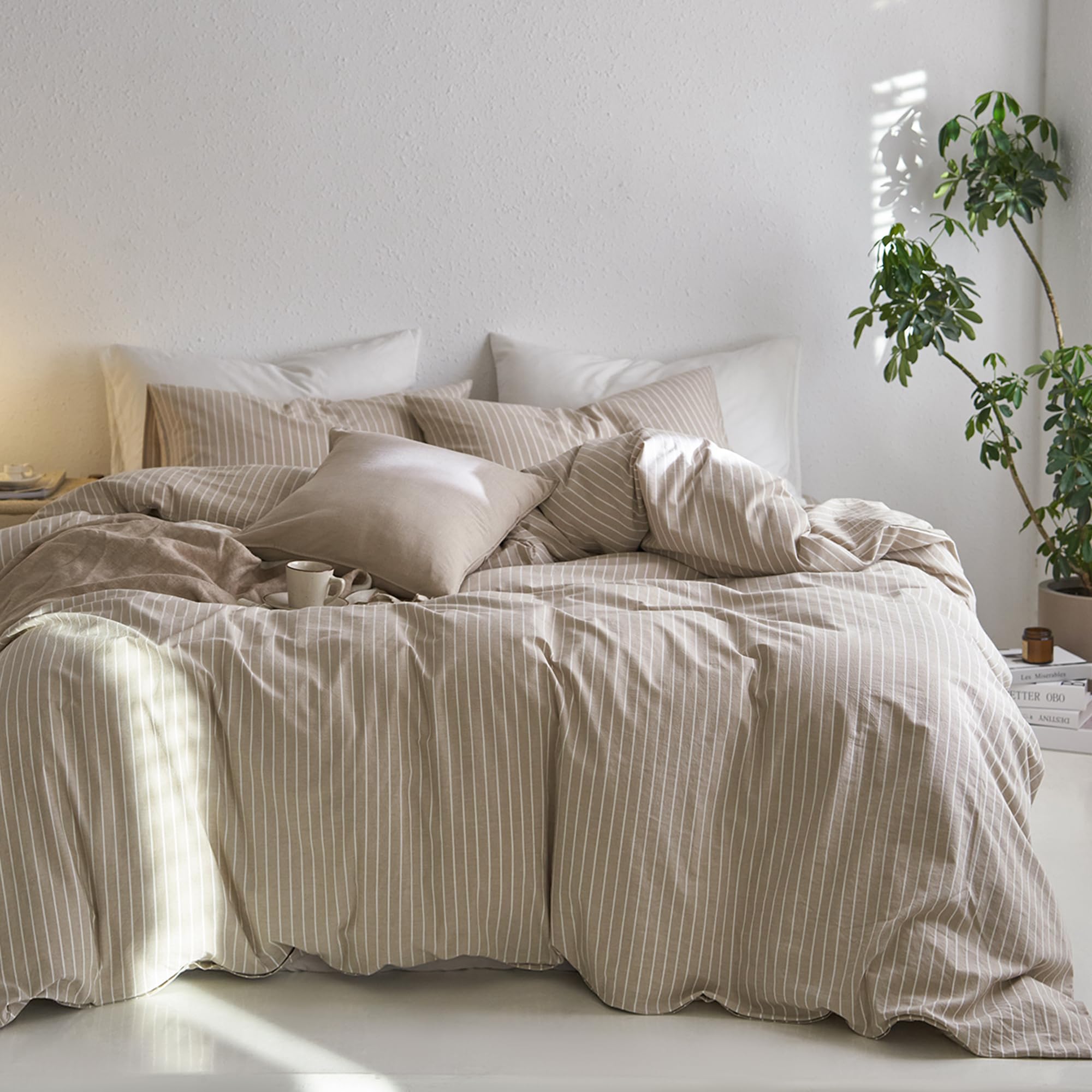 MooMee front view of striped duvet cover set showing clean king bedding look