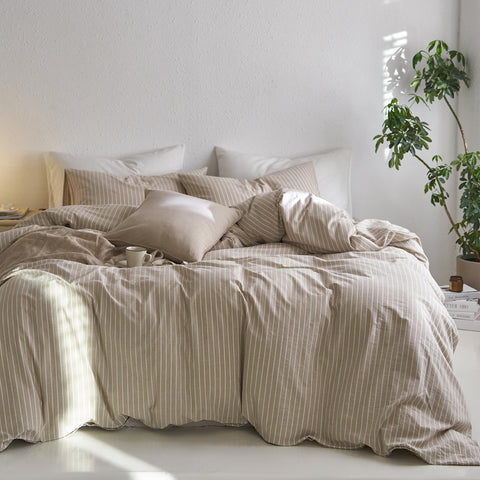 MooMee front view of striped duvet cover set showing clean king bedding look