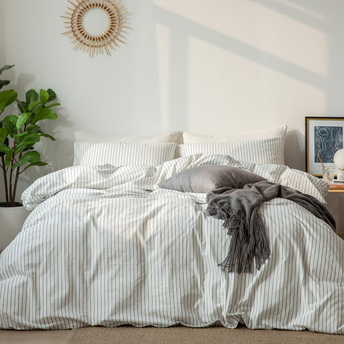 MooMee front view of striped duvet cover set shows clean resort-style appeal