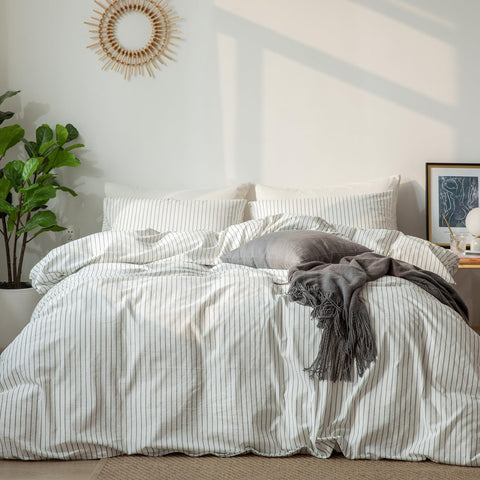 MooMee front view of striped duvet cover set shows clean resort-style appeal