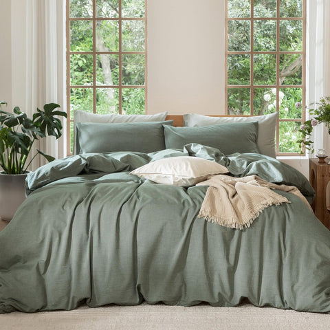 MooMee king duvet cover front view showing heathered green and clean fit for a polished bed