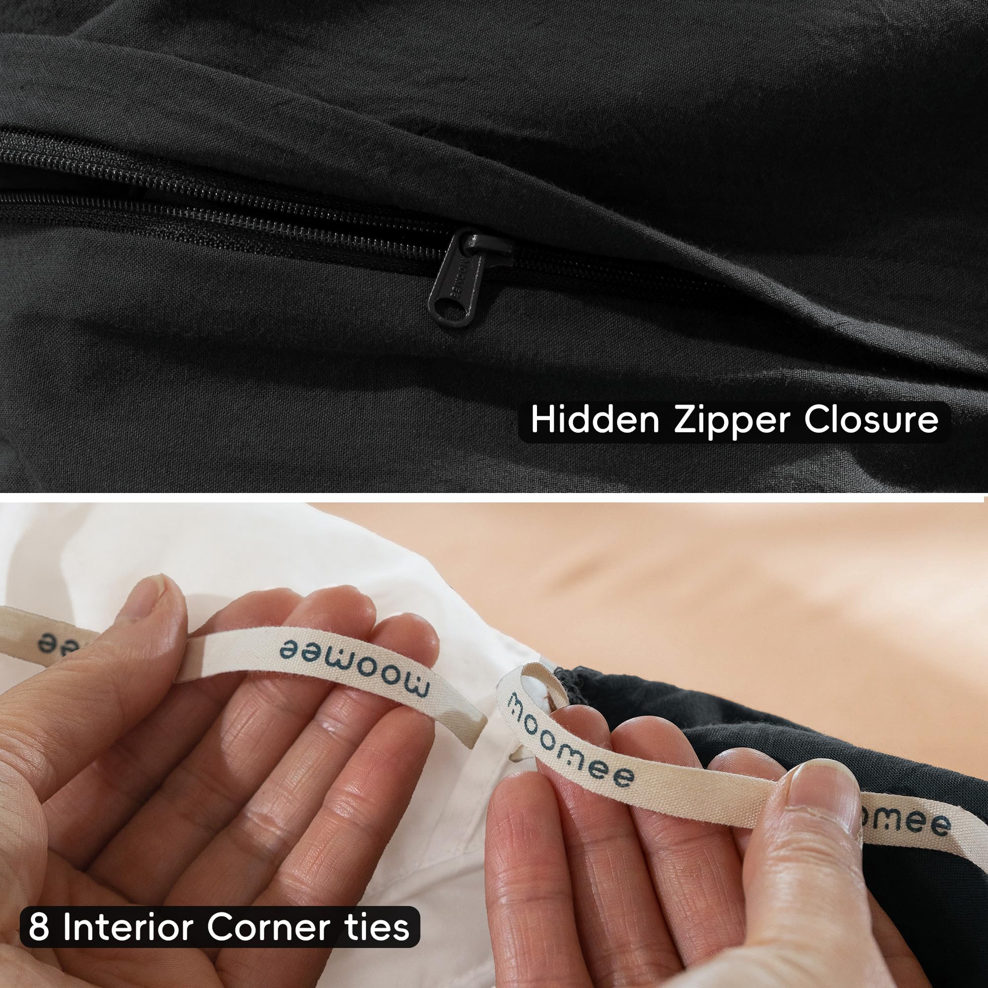 MooMee duvet on bed next to ruler showing queen size fit and scale