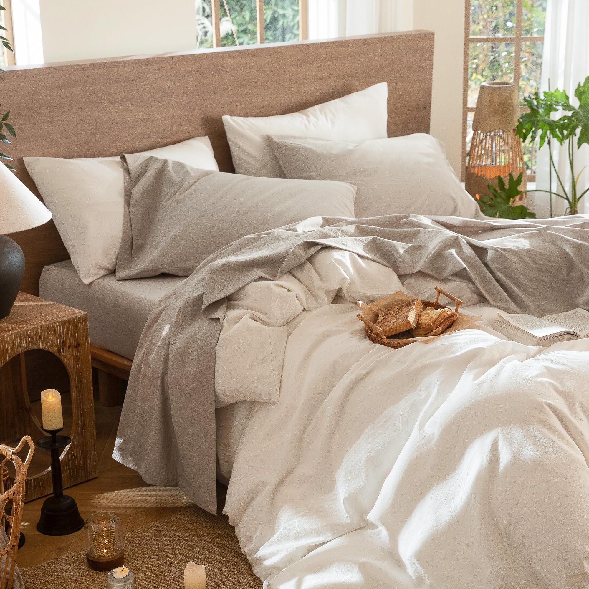 MooMee styled bed in neutral tannish-grey showing hotel-inspired comfort