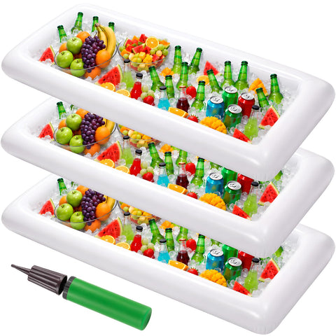 Moon Boat front view of three inflatable serving trays showing packaging and contents benefit portability