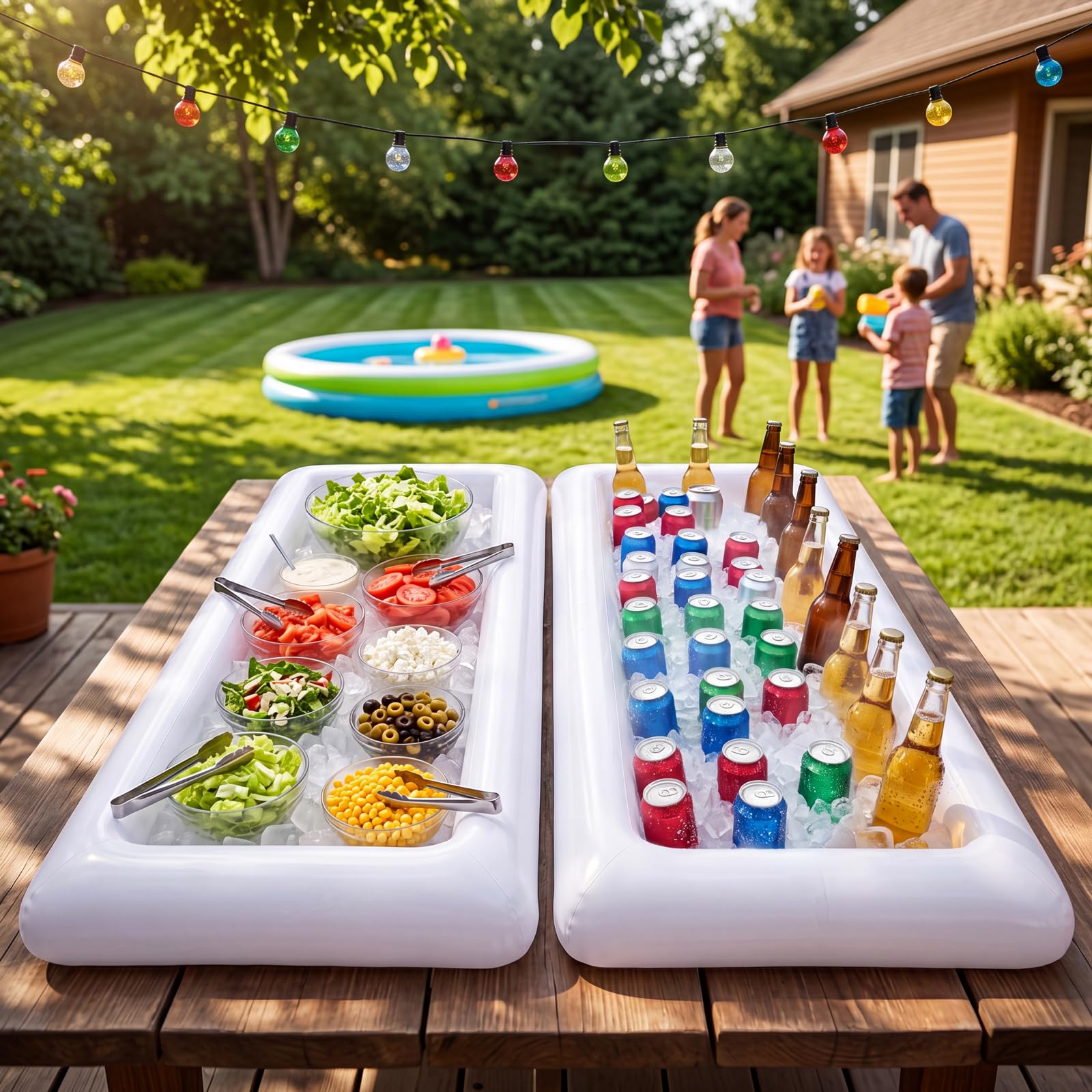 Moon Boat three inflated trays set on a patio table keeping drinks chilled for entertaining