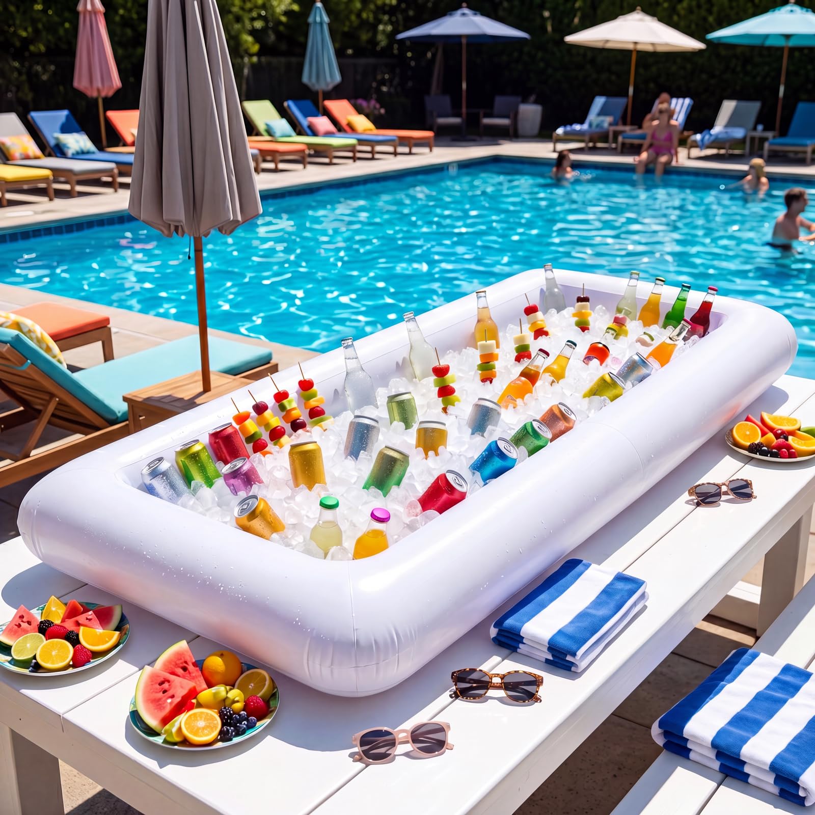 Moon Boat inflatable trays placed poolside illustrating convenience for outdoor events