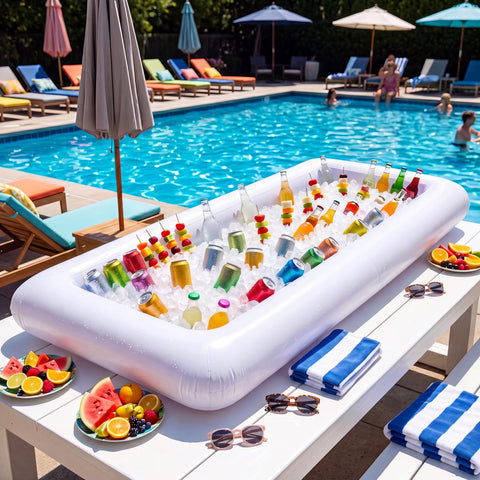 Moon Boat inflatable trays placed poolside illustrating convenience for outdoor events