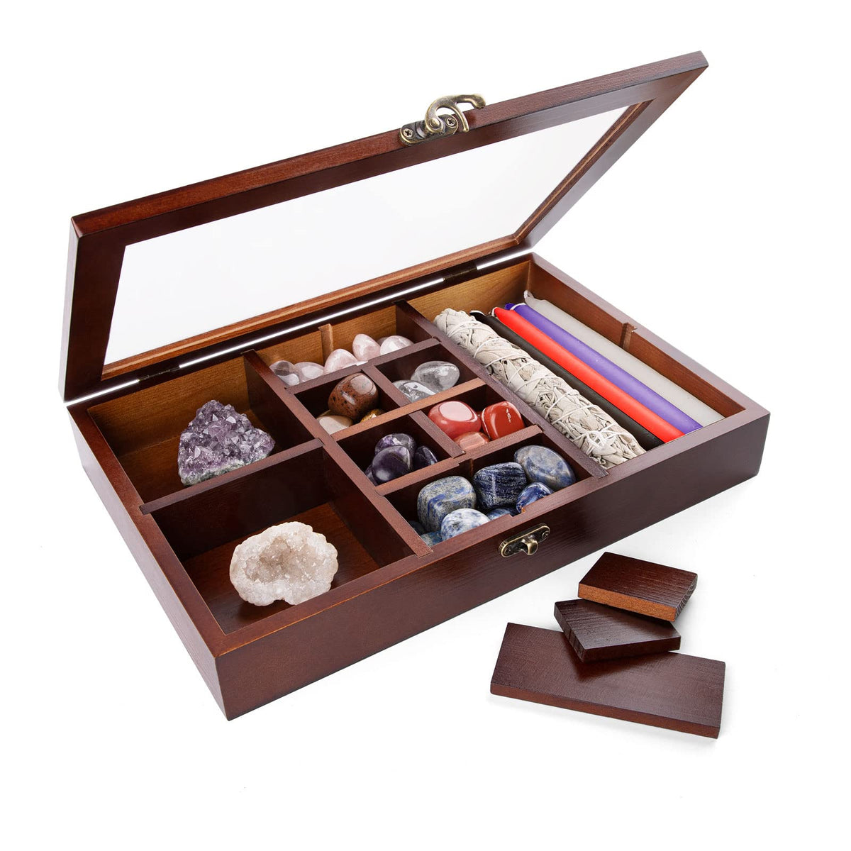 Mooncraftlogy wooden display box front view showing organized compartments and clear lid benefit visibility