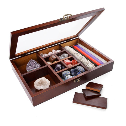 Mooncraftlogy wooden display box front view showing organized compartments and clear lid benefit visibility
