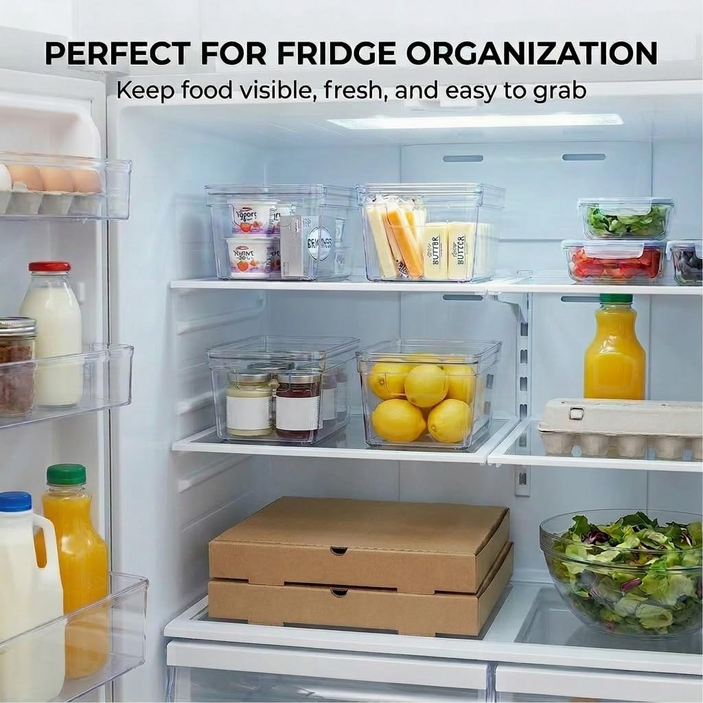 MOONEDGE bins arranged in a fridge illustrating compact cold-storage organization benefit