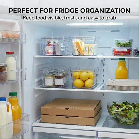 MOONEDGE bins arranged in a fridge illustrating compact cold-storage organization benefit