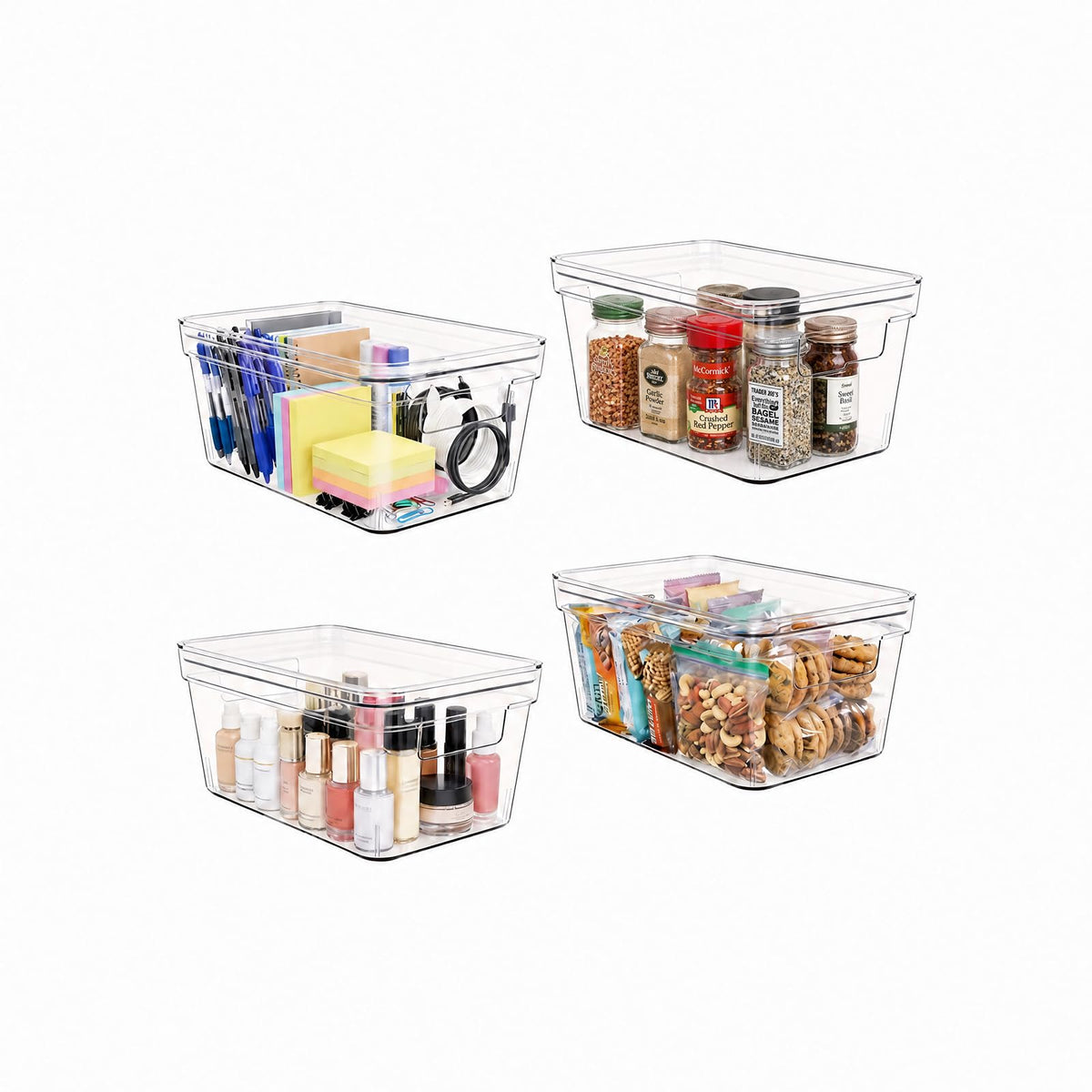 MOONEDGE front view of four clear bins showing packaging and contents visibility benefit