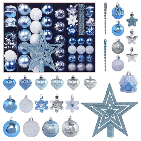 MoonXmas front view of blue and silver ornament set showing full contents and advantage of completeness