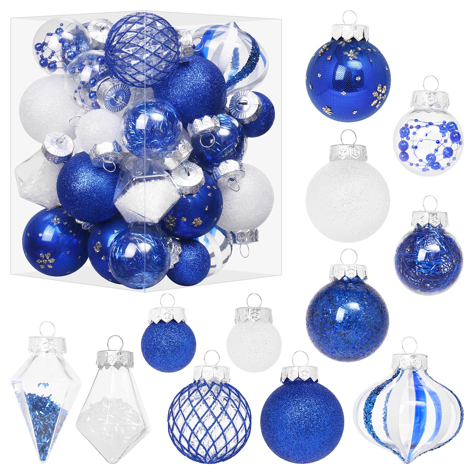 MoonXmas front packaging showing full blue white ornament set and neat storage benefit