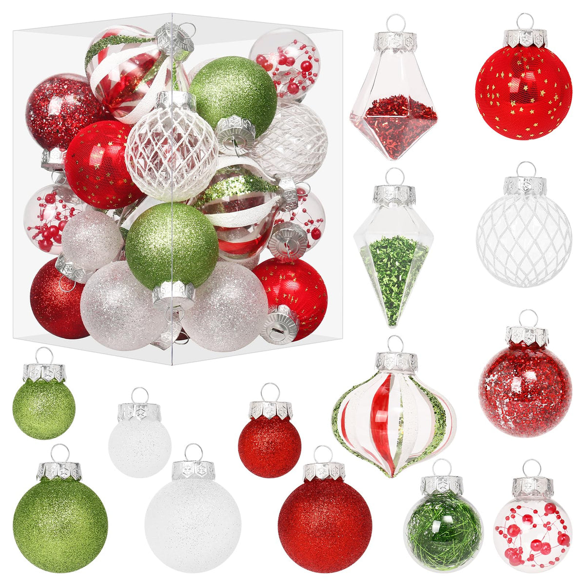 MoonXmas front view of red green white ornament set showing festive mix and easy staging