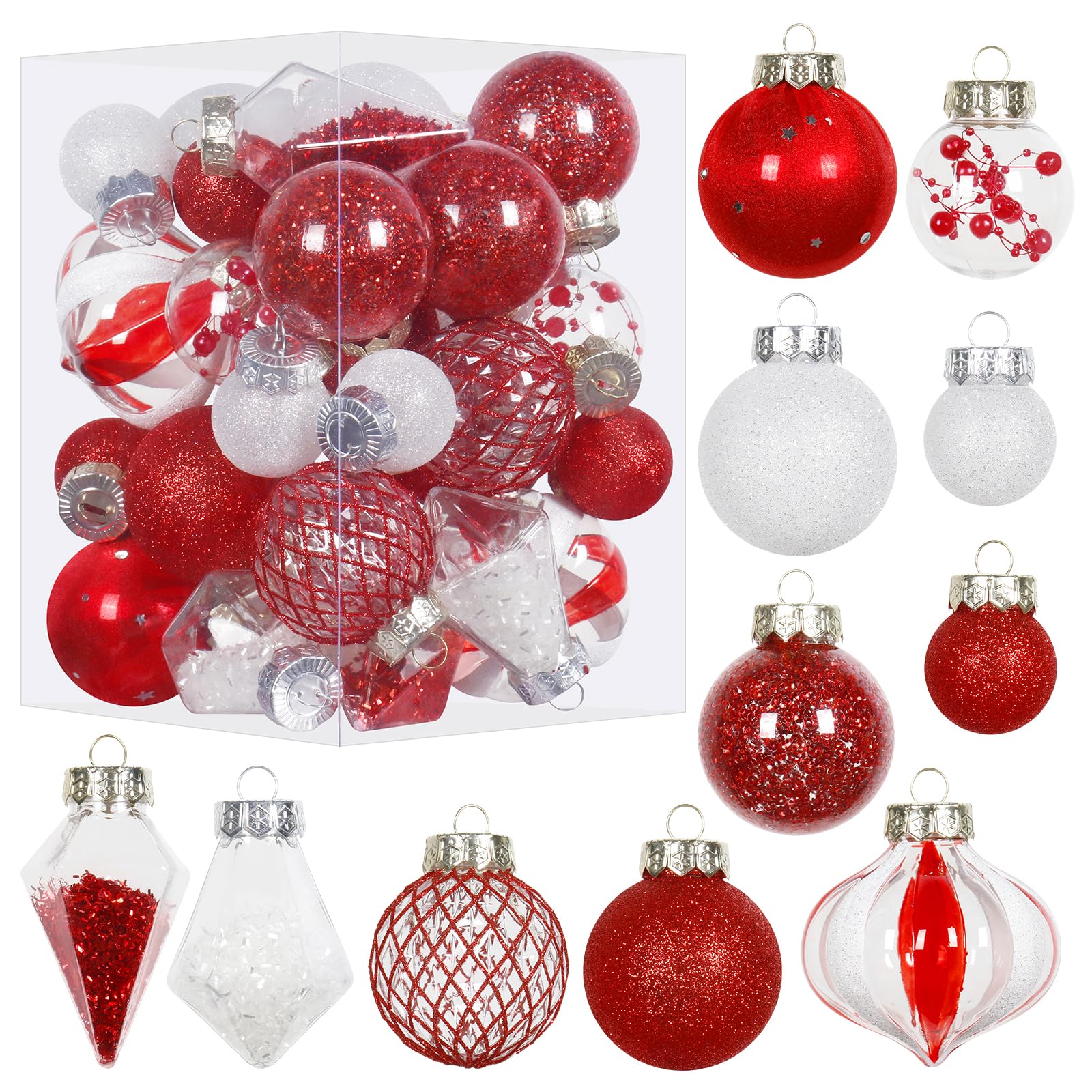 MoonXmas front packaging showing 34 red and white baubles, clear color display, quick decor