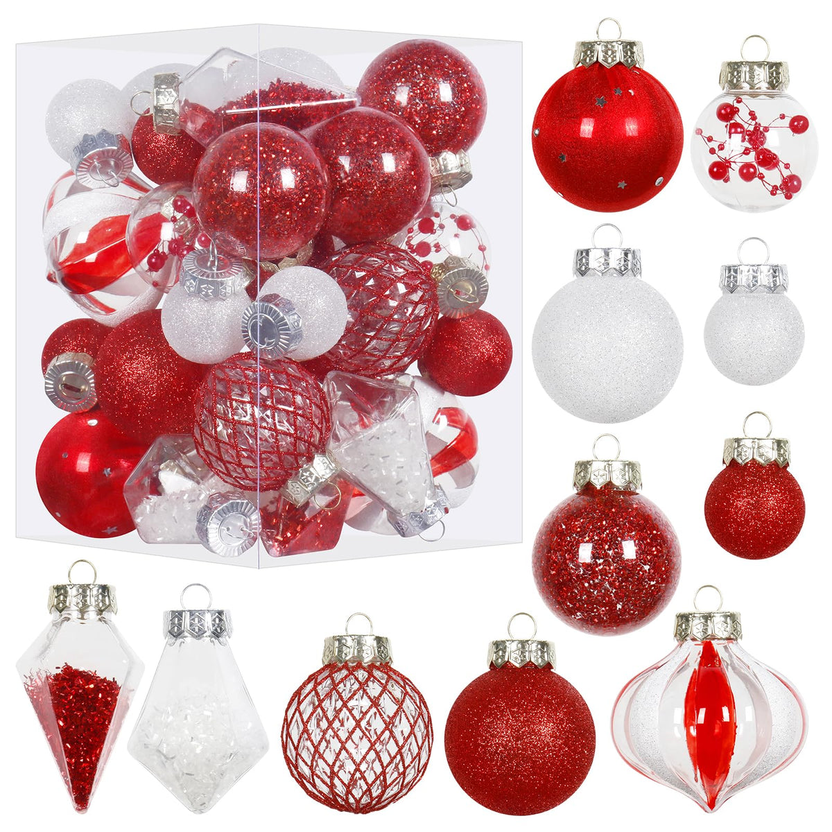 MoonXmas front packaging showing 34 red and white baubles, clear color display, quick decor