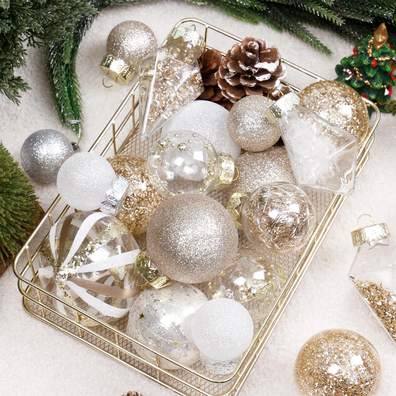 MoonXmas ornaments hanging on tree creating cohesive neutral holiday glow