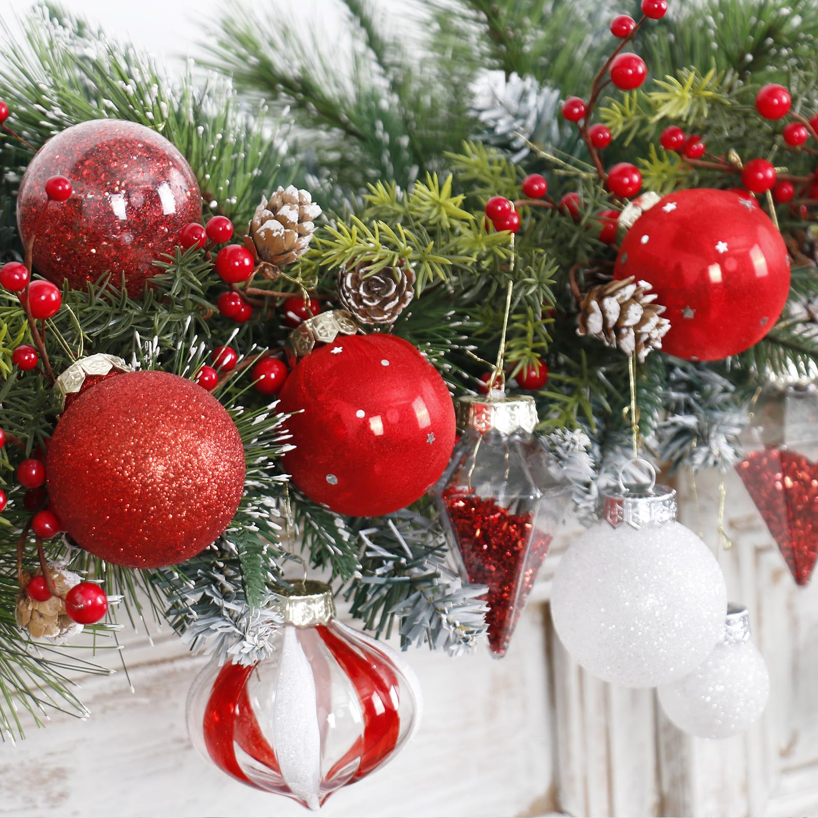 MoonXmas ornaments on decorated tree demonstrating classic red-white look for cohesion