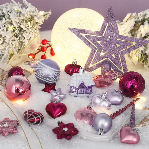 MoonXmas assorted ball sizes hung on a branch showing size variety benefit: fits many tree types