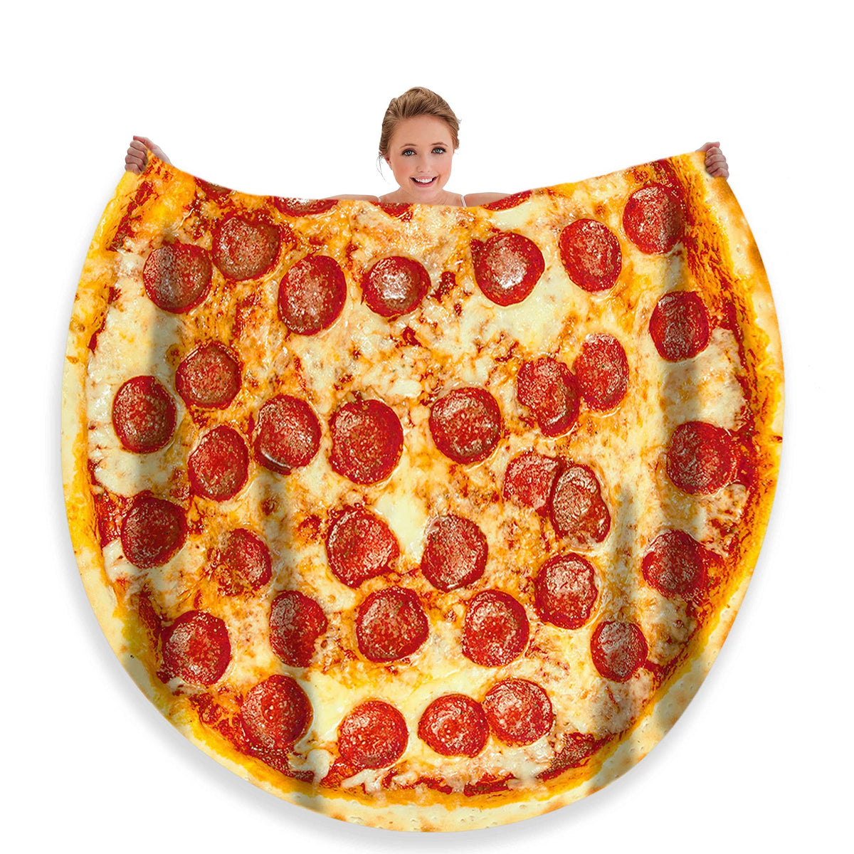 moonysweet pizza blanket front view showing full pepperoni pattern and cozy coverage