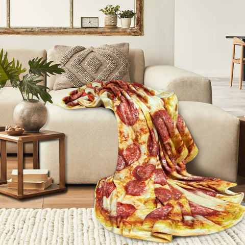 moonysweet pizza blanket spread on bed showing full 71-inch size and fit