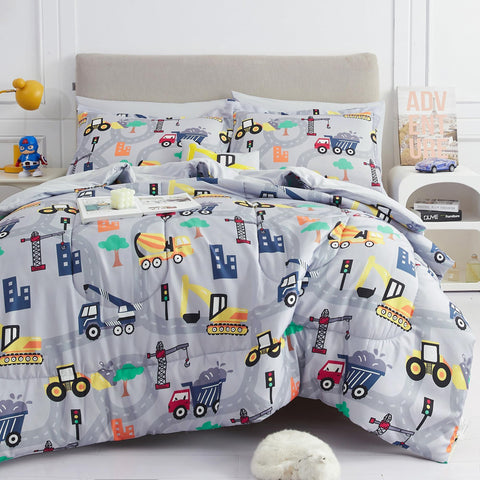 Mooreeke excavator comforter front showing playful construction design and cozy feel