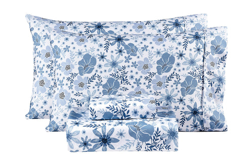 Mooreeke front view of folded blue and white floral sheet set showing pattern and packaging benefit