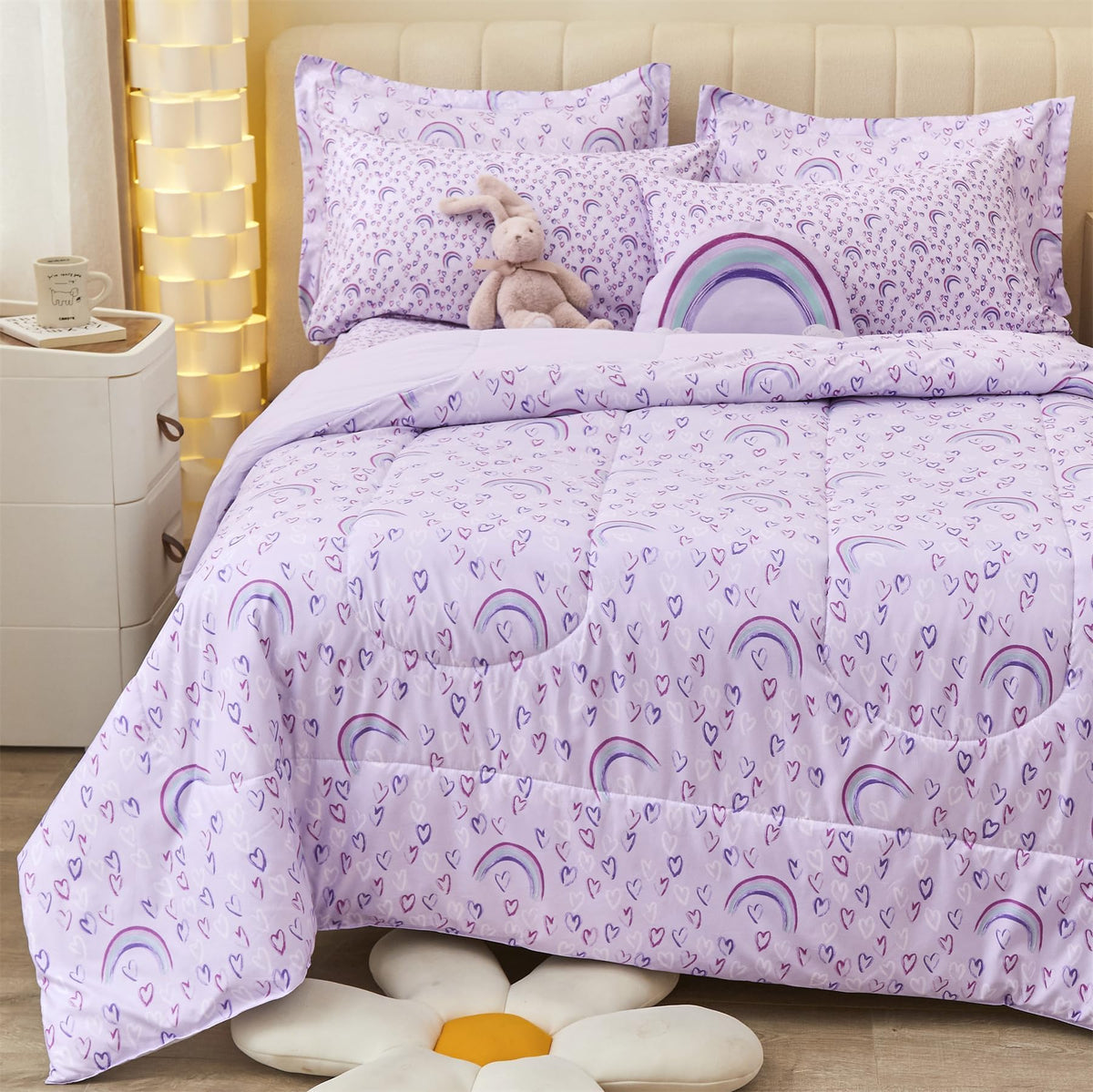 Mooreeke front view comforter with love and rainbow print showing playful design and cozy look