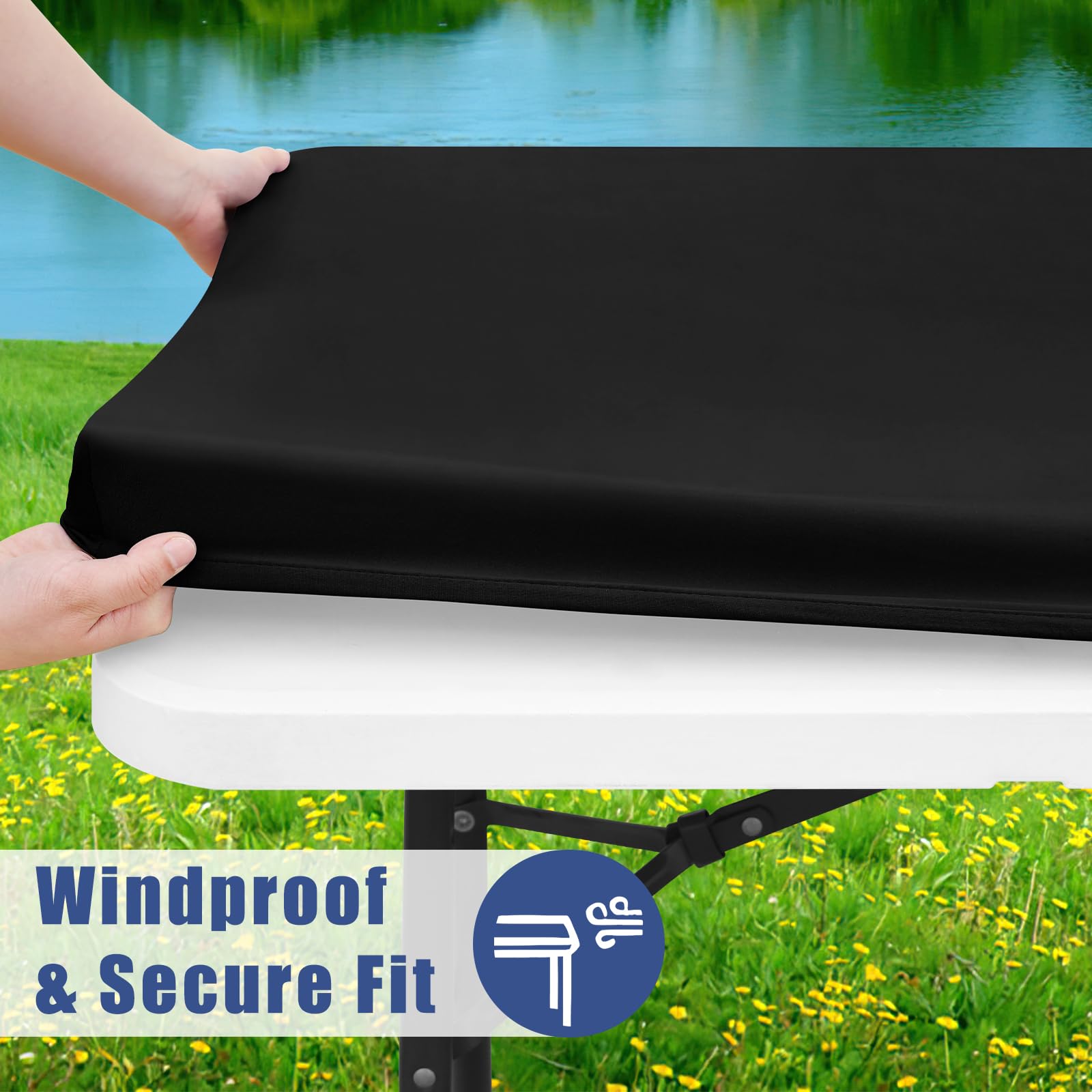 Moosfor elastic hem wrapped under table demonstrating windproof secure fit