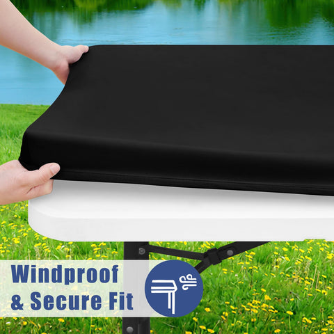 Moosfor elastic hem wrapped under table demonstrating windproof secure fit