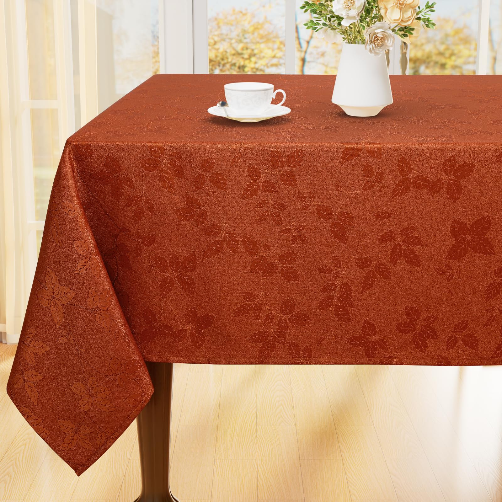 Moosfor burnt orange tablecloth front view showing full design and color benefit