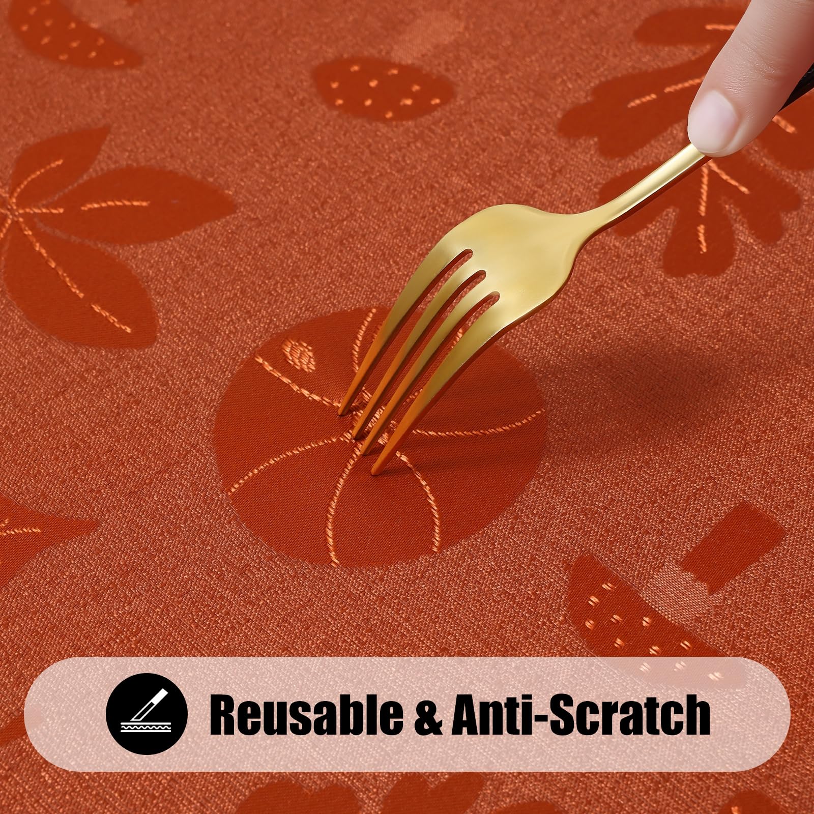 Moosfor tablecloth on full Thanksgiving table setting, creates warm harvest ambiance