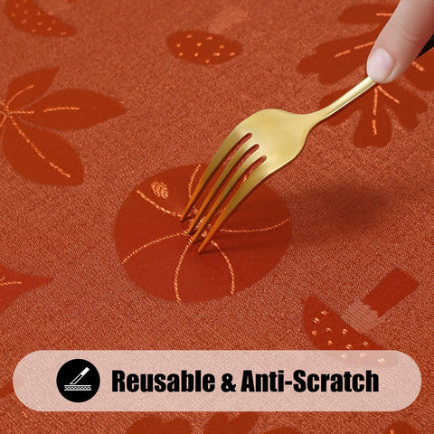 Moosfor tablecloth on full Thanksgiving table setting, creates warm harvest ambiance