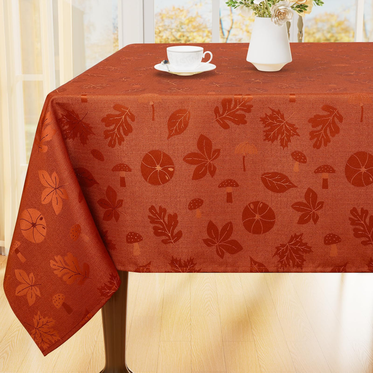 Moosfor terracotta tablecloth front view showing pattern and color, enhances fall tables