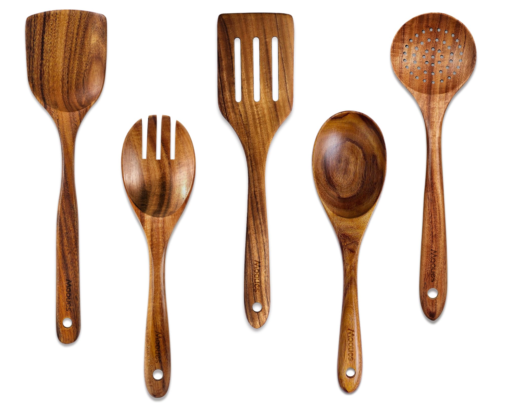 Mooues front view of teak utensil set showing full five-piece collection and packaging benefit