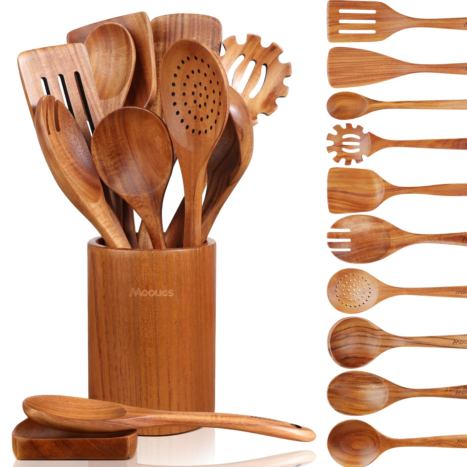 Mooues front view of 12-piece teak utensil set, neat organization benefit