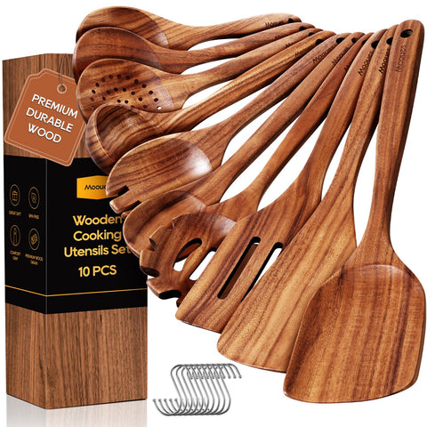 Mooues front packaging showing all ten teak utensils and hooks, easy gift presentation