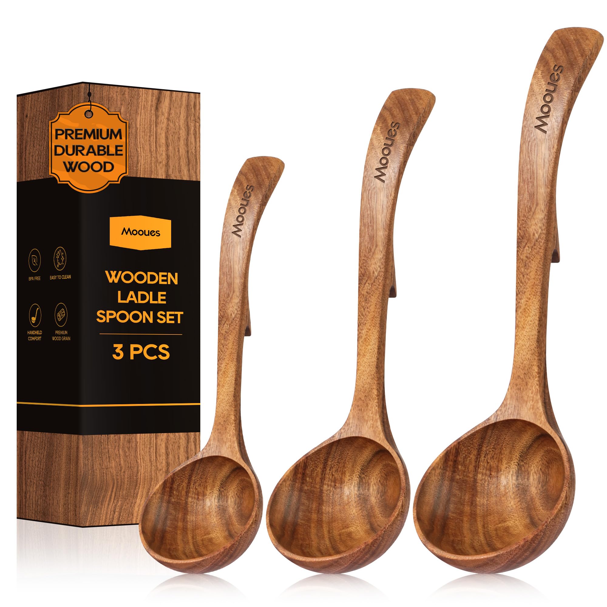 Mooues three-piece teak ladle set front view shows durable serving tools
