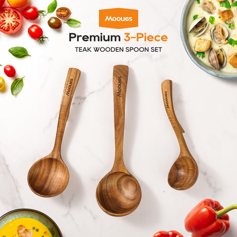 Mooues ladle serving soup in kitchen lifestyle shows elegant presentation