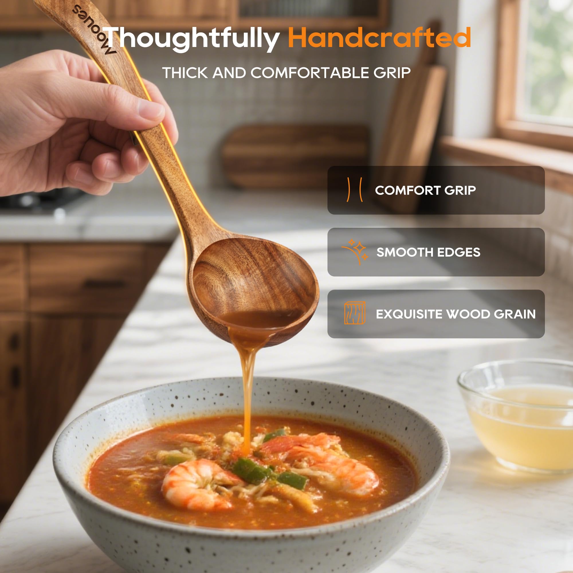 Mooues large ladle close-up in bowl demonstrating comfortable scoop