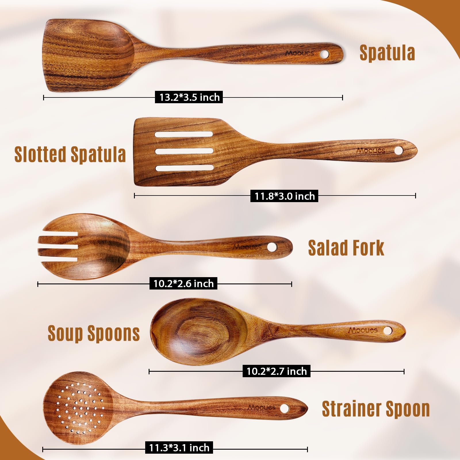 Mooues utensils held in hand to show scale and comfortable long-handle grip